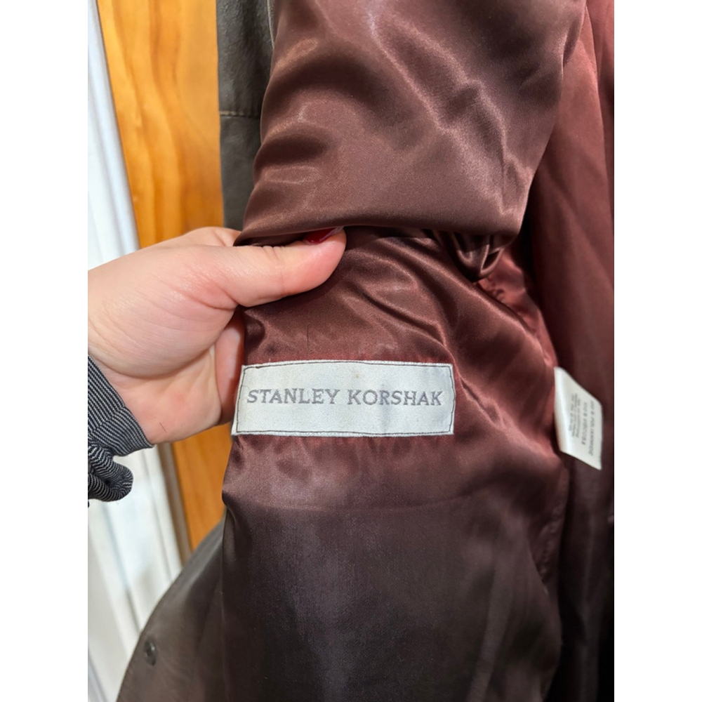 Stanley Korshak Brown Leather Coat Faux Astrakhan Collar Belted Vintage — image 3 of 8